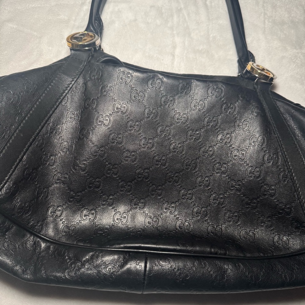 Auth. Gucci Guccissima GG Monogram Black Leather Shoulder Bag, East West Style - Picture 5 of 15
